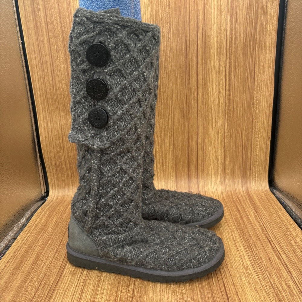 UGG Lattice Cardy Boots Womens 8 Grey Knit Tall 3-Button 3066 Charcoal